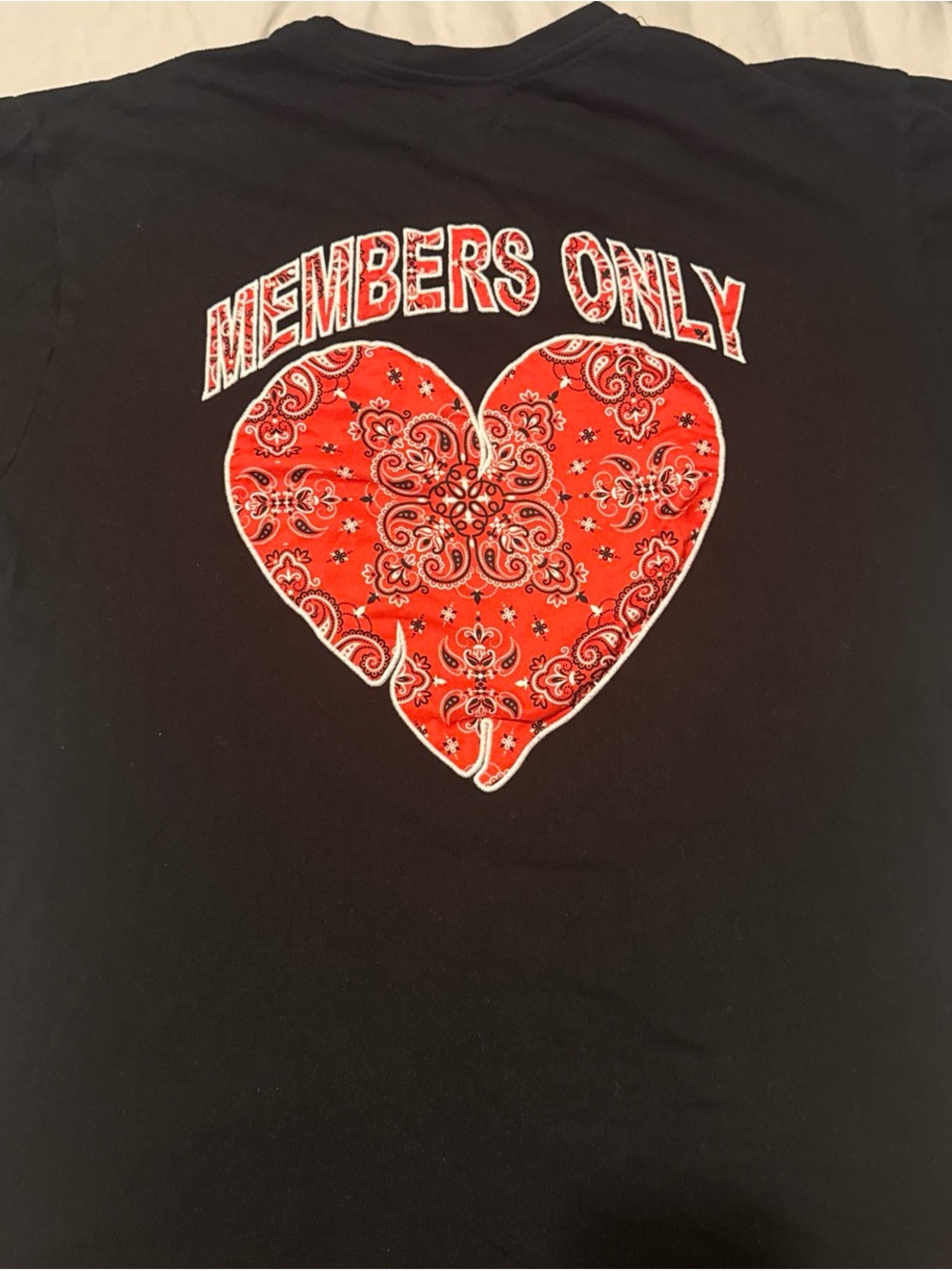 Members Only Black Short Sleeve Tee with Red Bandana Heart Graphic